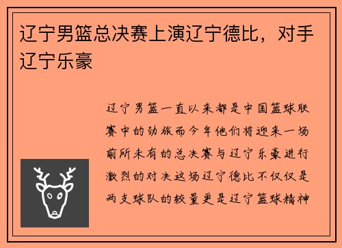 辽宁男篮总决赛上演辽宁德比，对手辽宁乐豪